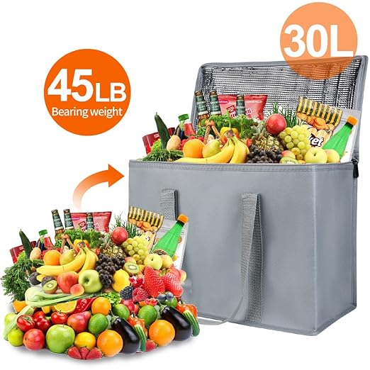 Bodaon 5-Pack Insulated Reusable Grocery Shopping Bags, X-Large Picnic Cooler Bag Zipper/Zippered Top Cold, Insulated Food/Pizza Delivery Bag, Grey