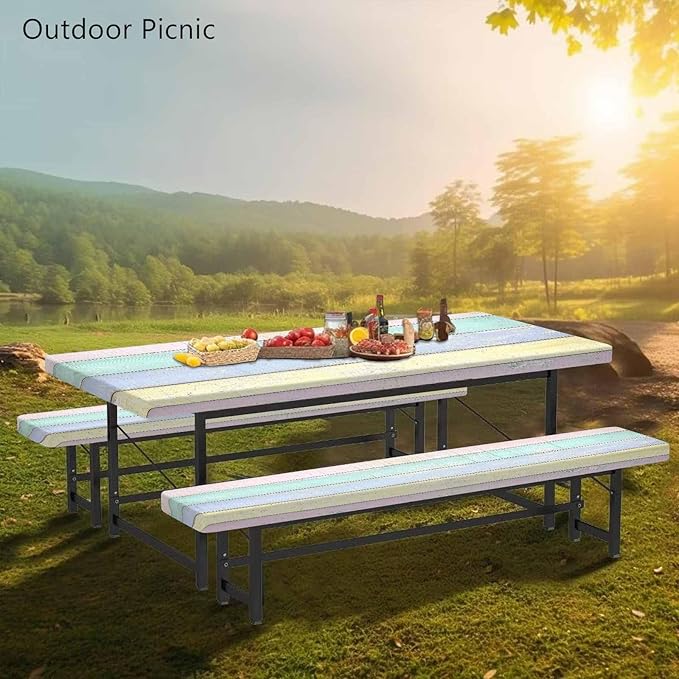 CAPSCEOLL Fitted Picnic Table Cover with Bench Covers with Elastic 8Ft Waterproof Camping Picnic Table Cover Cloths for Outdoors Camping Tablecloth with Drawstring Bag, 96X30in, Colorful Wood