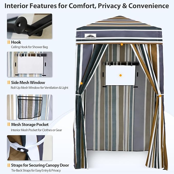 EAGLE PEAK Flex Ultra Compact 4x4 Pop-up Canopy, Sun Shelter, Changing Room, Portable Privacy Canopy Cabana for Pool, Fashion Photoshoots, or Camping, Brown Stripe