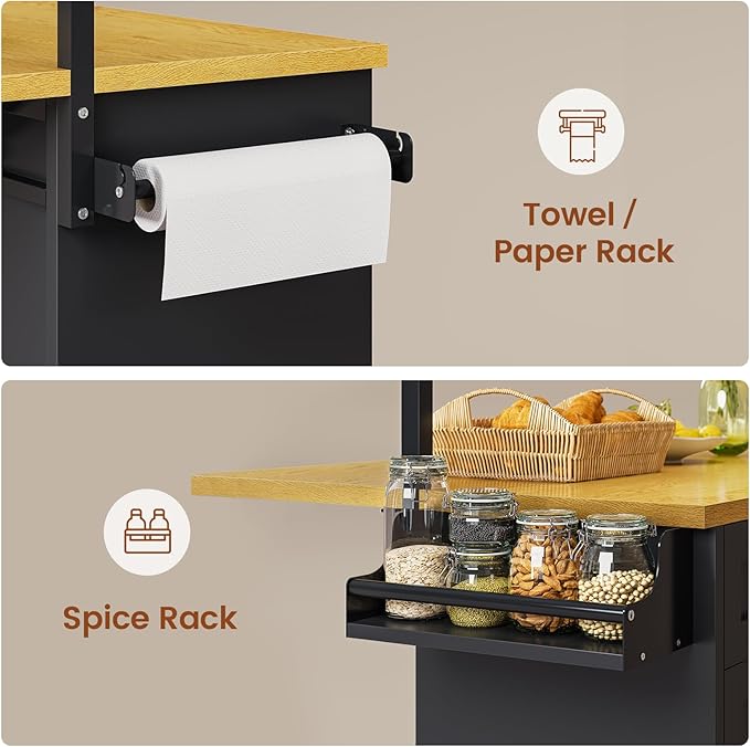 Itaar Rolling Kitchen Island Table on Wheels with Drop Leaf, 40" Mobile Kitchen Carts with Trash can Storage, Storage Cabinet, Drawer, Spice/Towel Rack, Black