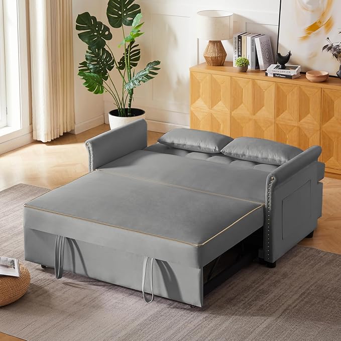 58" Velvet Sofa Bed, 3-in-1 Convertible Pull-Out Sleeper Sofa & Couch with Storage Bag and Adjustable Backrest,Perfect for Small Spaces, Living Room, or Office