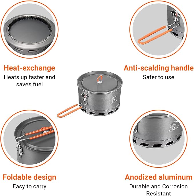 Bulin Camping Pot, 2.1L High Efficiency Backpacking Pot Ultralight Camping Cooking Set Cookware Gear with Heat-Proof Handle & Heat Exchanger for Outdoor Picnic Hiking Travel