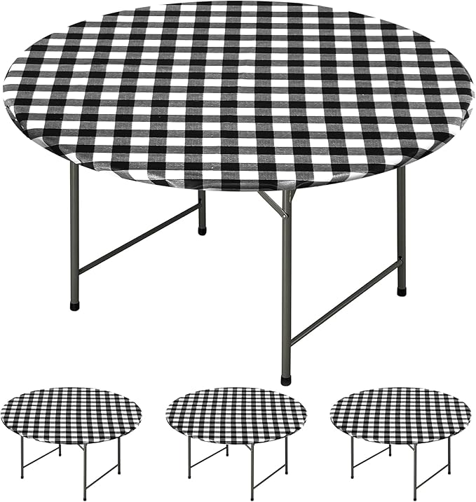 Fitable 4 Pack Vinyl Fitted Tablecloth Round, Black and White - Waterproof Checkered Elastic Tablecloth Flannel Backed Gingham Table Cover for Outdoor Picnic Dining (Fit for 36"-44" Round Tables)