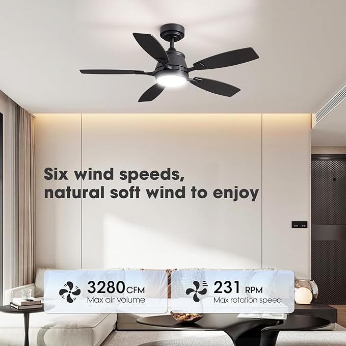 42" Ceiling Fan with Light, Modern Low Profile Ceiling Fan with Light, DC Reversible Motor, Smart APP & Remote Control, Whisper Quiet, Dimmable LED for Bedroom/Living Room