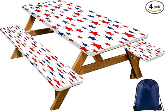 CAPSCEOLL Picnic Table Cover with Bench Covers 4Th of July Waterproof Camping Tablecloth All-Weather Outdoor Table Protector with Drawstring Bag for Camping Essentials, 72X30in, Stars