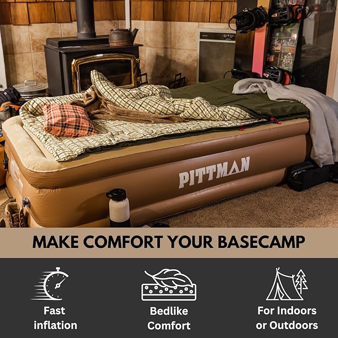 Pittman Outdoors Comfort Series Indoor Air Mattress with Built-in Electrical Air Pump, Twin 18-Inches Tall, Tan