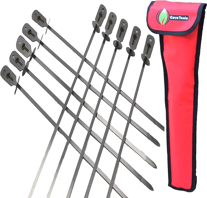 Cave Tools Skewers Set - Stainless Steel, Includes 10 Flat Skewers with Food Remover Disc - Compatible with All Types - 17.3 Inch BBQ Grilling Accessories