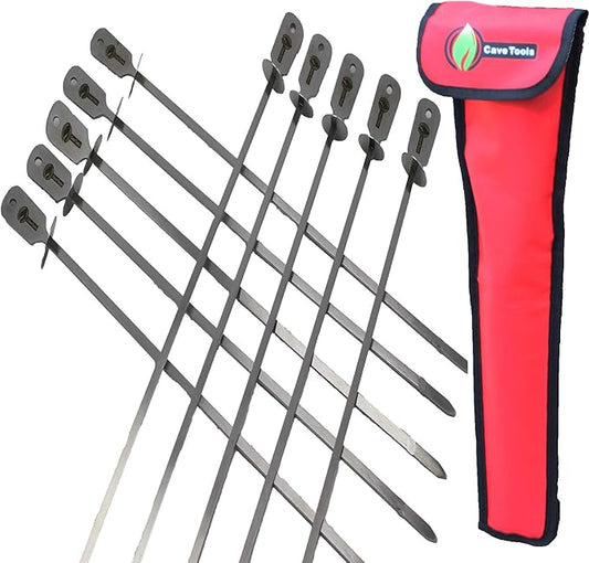 Cave Tools Skewers Set - Stainless Steel, Includes 10 Flat Skewers with Food Remover Disc - Compatible with All Types - 17.3 Inch BBQ Grilling Accessories