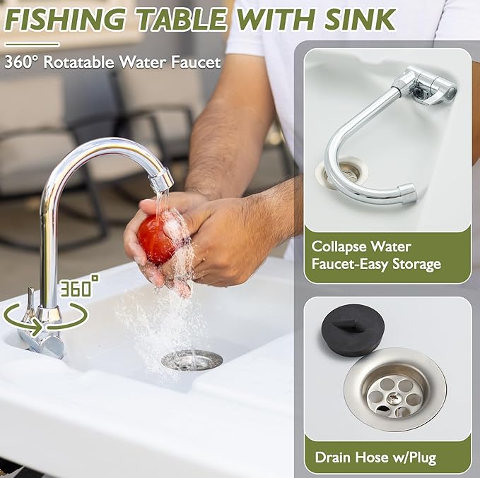 Folding Fish Cleaning Table Portable Camping Sink Table with Faucet Drainage Hose & Sprayer Outdoor Fish Fillet Cleaning Station with Grid Rack & Knife Groove for Picnic Fishing, Grey