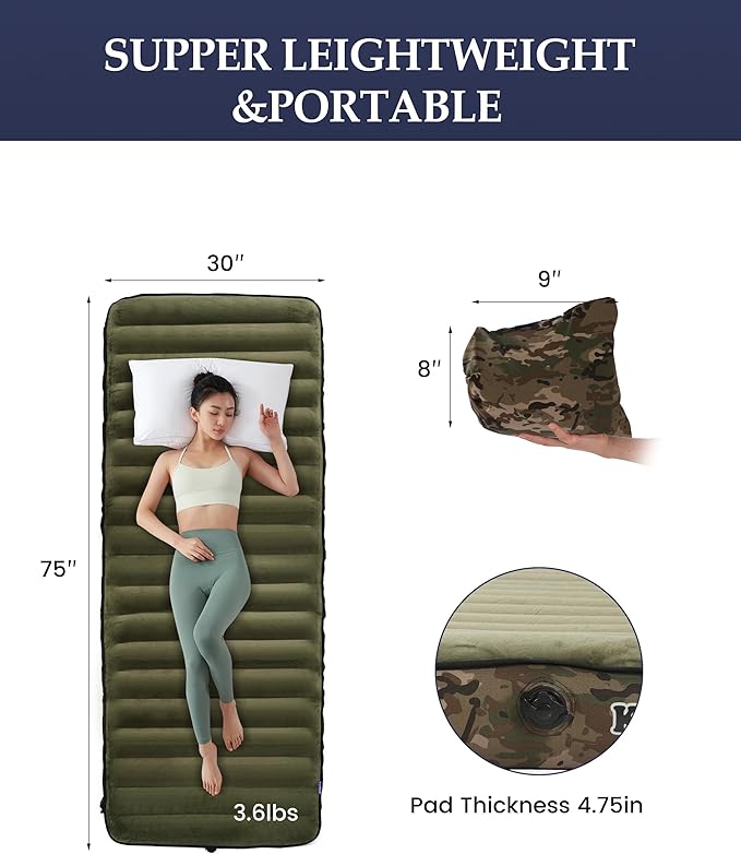 Inflatable Sleeping Pad for Camping, Extra-Thick 4.75" Single Air Mattress with Soft Velvet Top, Machine Washable, Family Lightweight 4-Season Pad for Traveling & Hiking, Green