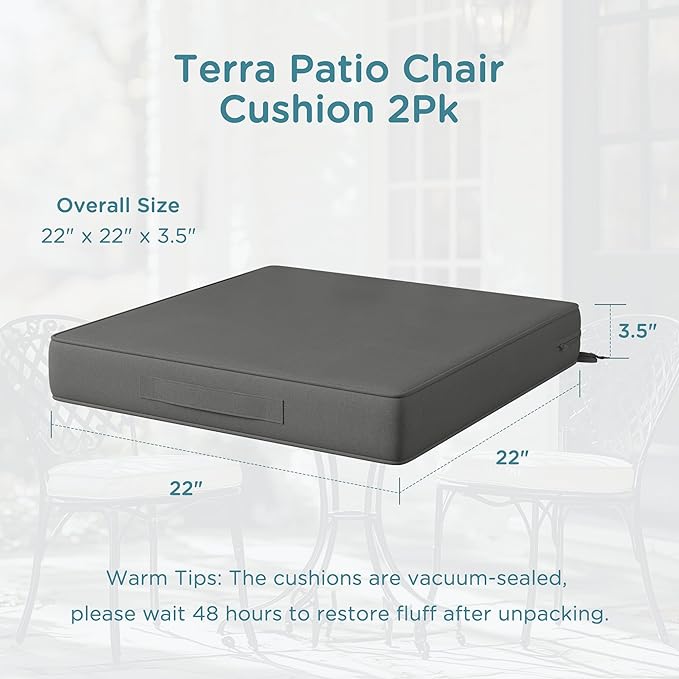 Codi Outdoor Seat Cushions for Patio Furniture 22x22 Inch, Waterproof Chair Cushion with Handles & Adjustable Straps, Fade Resistant - Set of 2, Grey