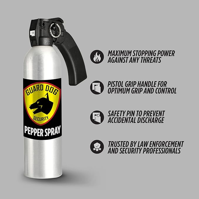 Guard Dog Security Large Self Defense Pepper Spray 24 oz, Maximum Strength Self-Defense Spray with Pistol Grip, 45-Foot Range, Easy Access Outdoor Personal Protection, Crowd Control