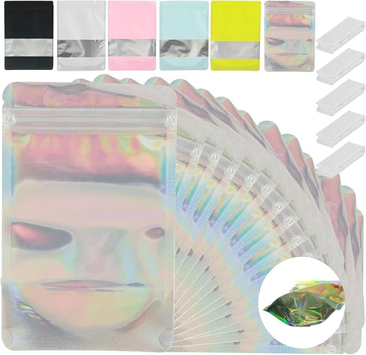 200 Pcs Mylar Bags for Food Storage 4x6 Mylar Bag with Window, Stand Up Holographic Resealable Bags for Food, Smell Proof Bag Freeze Dried Candy Sealable Pouch Jewelry Bracelet Packaging