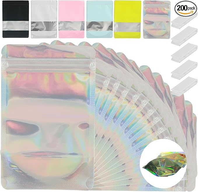 200 Pcs Mylar Bags for Food Storage 7x10 Mylar Bag with Window, Stand Up Holographic Resealable Bags for Food, Smell Proof Bag Freeze Dried Candy Sealable Pouch Jewelry Bracelet Packaging