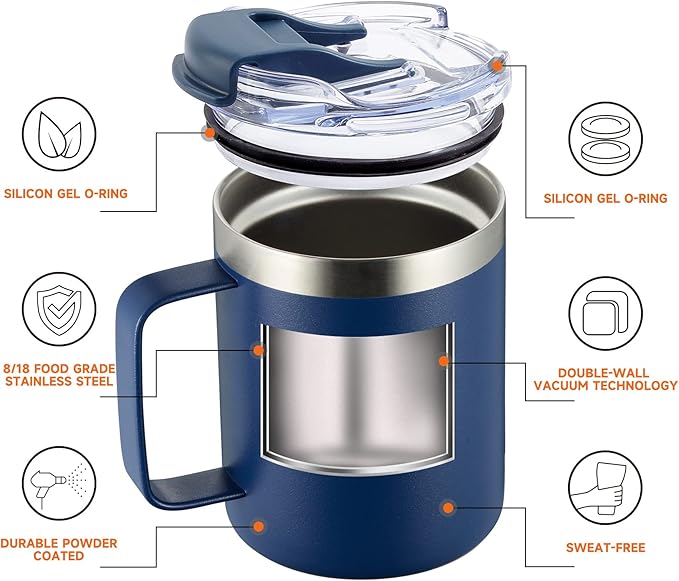 ALOUFEA 12oz Stainless Steel Insulated Coffee Mug with Handle, Double Wall Vacuum Tumbler Cup with Fliping Lid, Navy, 2 Pack