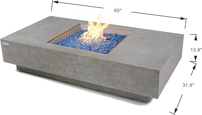 Elementi+ | Monte Carlo Gas Fire Pit Cast Concrete 60" Rectangular Fire Table, Outdoor Fire Pit Electronic Ignition | Canvas Cover, Fire Glass and Burner Lid Included | Light Gray | Natural Gas