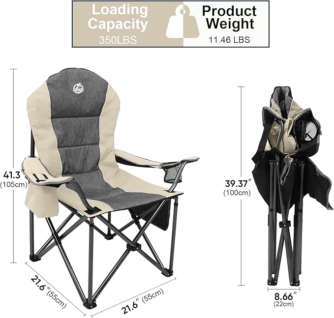Northroad Oversized Portable Camping Chair, Full Padded Outdoor Folding Chair Support 350 LBS, Heavy Duty Lawn Chair with Cup Holder, Cooler Bag, Lumbar Support, Head Pocket for Adult-Beige