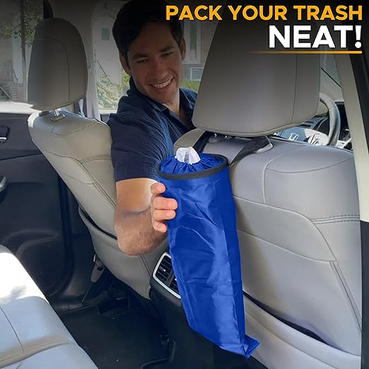 EcoNour 2 Pack Blue Car Trash Bag | Washable Back Seat Hanging Bag with Elastic Opening & Easy Mount | Garbage Can with Waterproof Oxford Material | Accessories for Camping, Traveling & Outdoor