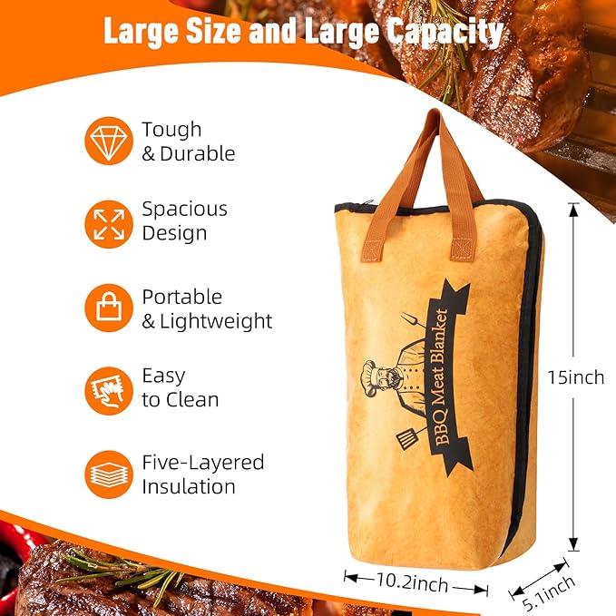 BBQ Blanket for Resting Meat,Smoker Meat Resting Blanket, Reusable Smoker Grilling Meat Insulated Resting Bag with Wide Mouth for Large Brisket/Beef/Pork Shoulders/Turkeys (BBQ Blanket 15in)