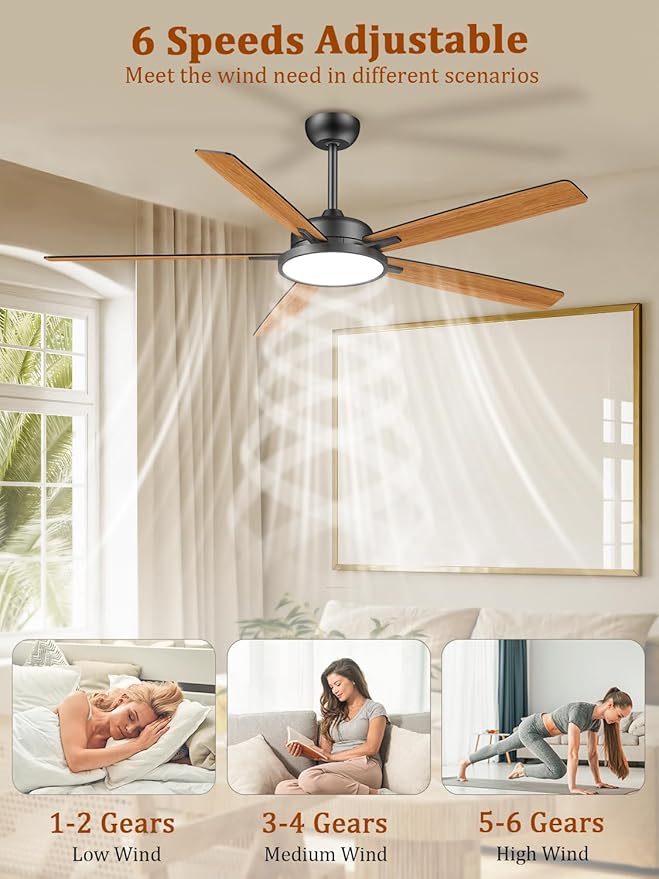 TALOYA Large Ceiling Fans with Lights and Remote, Reversible Quiet DC Motor, 6 Speeds, 3CCT, Dimmable, 62 inch Black Modern Ceiling Fan for Patios, Living room, Bedroom, Farmhouse, Indoor, Outdoor