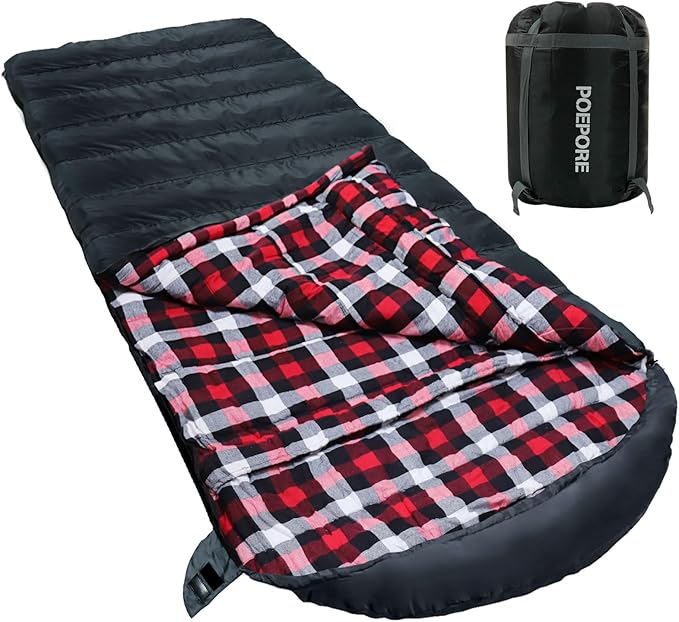 0 Degree Sleeping Bag 100% Cotton Flannel XXL Cold Weather Winter Oversized Sleeping Bag for Adults Camping Zero Degree Big and Tall with Compression Sack