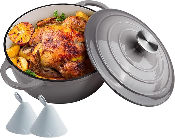 4.5 Quart Dutch Oven Enameled Cast Iron with Lid - Big Dual Handles - Oven Safe up to 500°F - Classic Round Pot for Versatile Cooking Light Gray