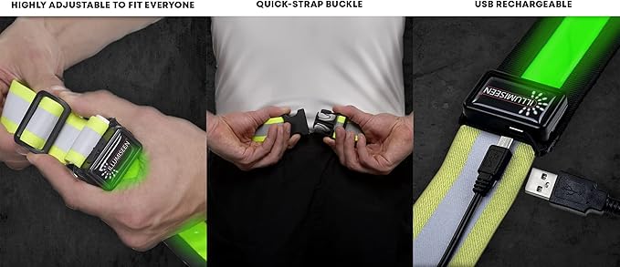 ILLUMISEEN LED Reflective Belt Sash | High Visibility LED Lights with 2 Lighting Modes | Adjustable Quick Release Buckle | USB Rechargeable, No Batteries Needed | Weatherproof Professional Safety Gear