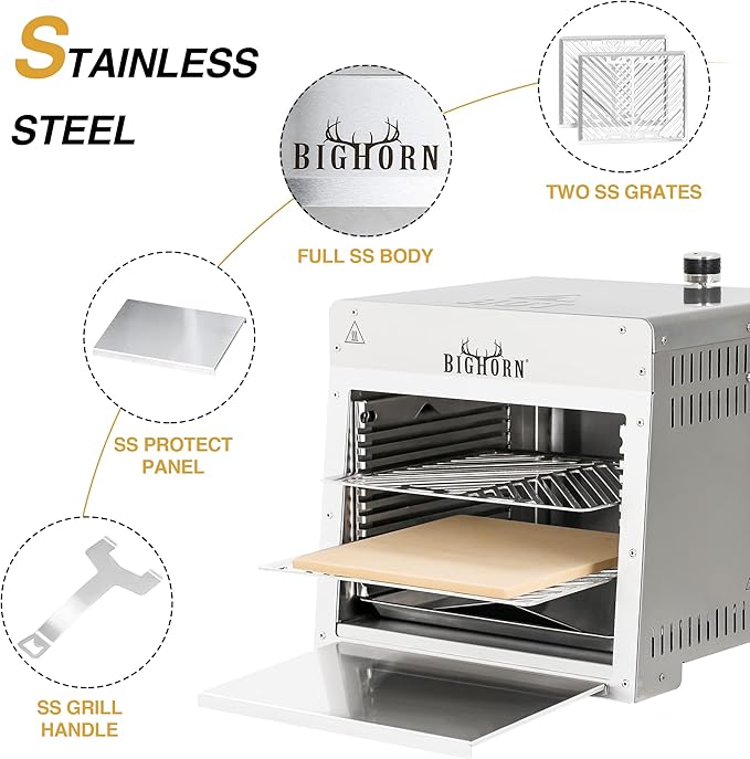 BIG HORN OUTDOORS 1500°F Small Infrared Propane Gas Grill – Portable Steak Broiler & Sear Station, Outdoor Salamander BBQ with Pizza Stone, Stainless Steel