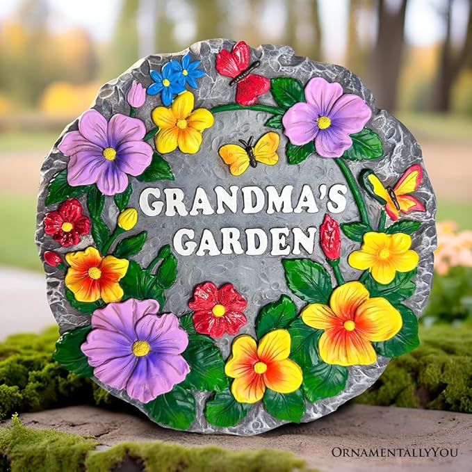 Elegant Resin Stepping Stone, Outdoor Garden Pathway Decoration (Grandma’s Garden Floral Stepping Stone, 9.5" Decorative Outdoor Decoration)