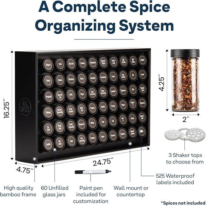 AllSpice Spice Rack Organizer, Wood, 525 Unique Labels, Countertop or Wall Mount, Includes 60 4oz Jars- Matte Black