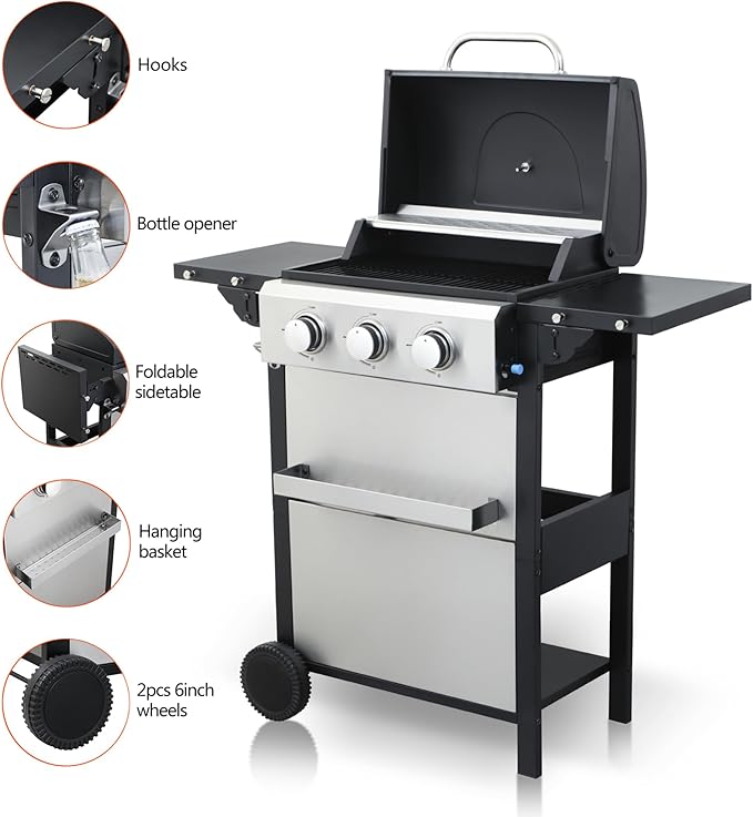 3-Burner Portable Propane Gas Grill with Stainless Steel Plancha Griddle - 25650 BTU Outdoor BBQ Grill with Foldable Side Shelves, Enamel Cooking Grids & Tool Hanging Basket