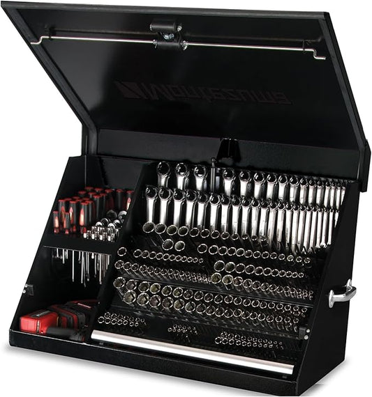 Montezuma – XL450B – 36-Inch Portable TRIANGLE Toolbox – Multi-Tier Design – 16-Gauge Construction – SAE and Metric Tool Chest – Weather-Resistant Toolbox – Lock and Latching System, Black