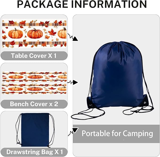 CAPSCEOLL Fitted Picnic Table Cover with Bench Covers with Elastic 6Ft Waterproof Camping Picnic Table Cover Cloths for Outdoors Camping Tablecloth with Drawstring Bag, 72X30in, Pumpkins Leaf