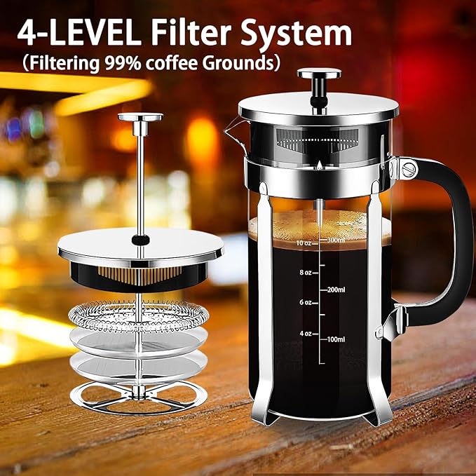 French Press Coffee Maker 304 Stainless Steel Coffee Press,with 4 Filters System, Heat Resistant Thickness Borosilicate French Press Glass, BPA-Free Brewed Tea Pot Coffee Plunger(Copper 12oz)
