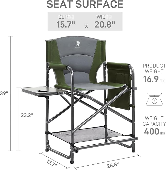 EVER ADVANCED Medium Tall Directors Chair Foldable Makeup Artist Chair Bar Height with Side Table Cup Holder and Pocket Footrest, Supports 400LBS (Green, Seat Height: 23.2 inches)