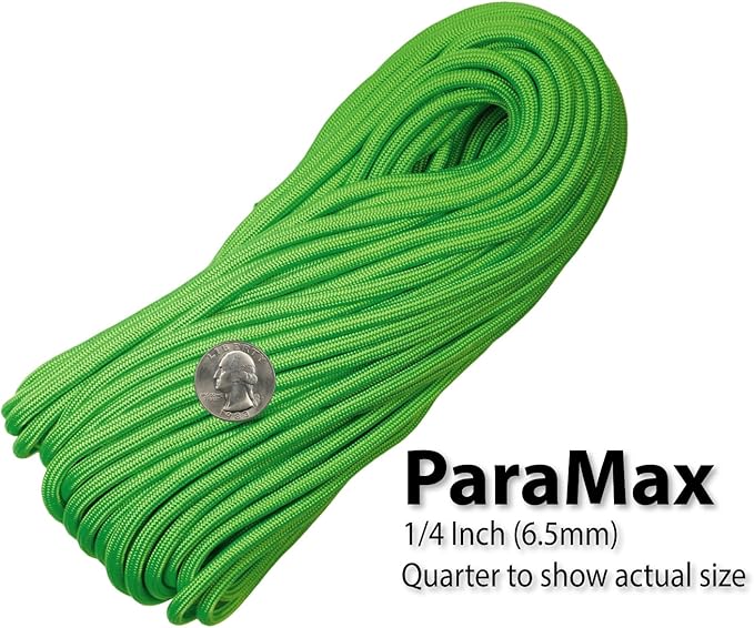 1/4" ParaMax Paracord 100 ft – 1000 lb Type IV Rope for Dog Leashes, Camping, Kayak Anchor - Made in USA - Neon Green