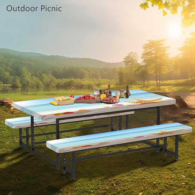 CAPSCEOLL Picnic Table Cover with Bench Covers 8Ft Waterproof Camping Tablecloth All-Weather Outdoor Table Protector with Drawstring Bag for Camping Essentials, 96X30In, Sea Beach