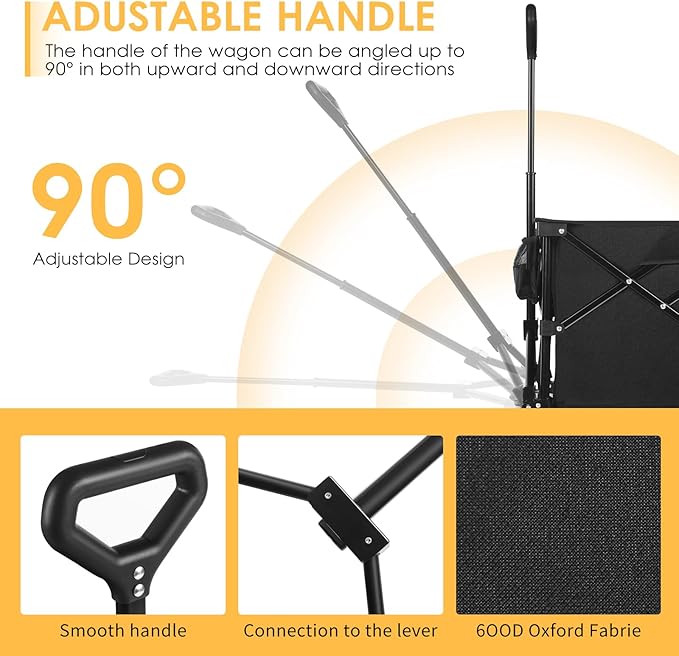 49''L Collapsible Foldable Extended Wagon with 450lbs Weight Capacity, Heavy Duty 300L Folding Utility Garden Cart with Big All-Terrain Beach Wheels & Drink Holders. Black