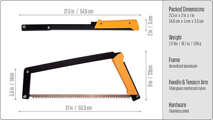 AGAWA - BOREAL21 Backwoods Kit - 21 Inch Folding Bow Saw, 21" Premium Leather Sheath, Additional 21" Aggressive Blade (Black Frame - Yellow Handle)