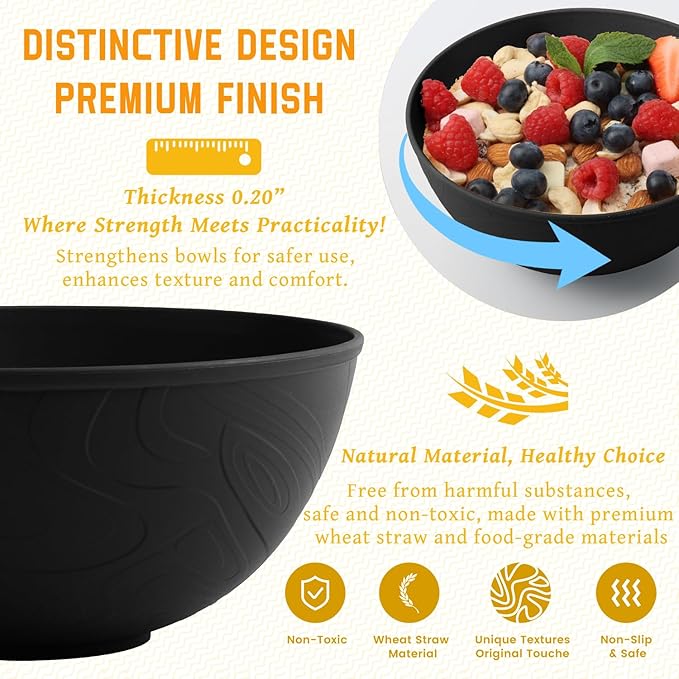 Homienly Wheat Straw Salad Bowls Set of 6, Alternative to Plastic Bowls Reusable, Microwave and Dishwasher Safe Bowl Set, 40 OZ Large Capacity for Cereal, Soup, Popcorn, Ramen, Anti-Slip Texture-Black