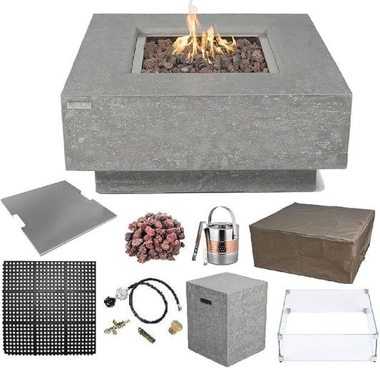 Elementi | Bundle Manhattan Gas Fire Pit Cast Concrete 36" Square Fire Table, Outdoor Fire Pit Electronic Ignition | Canvas Cover, Lava Rock Included | Light Gray (Propane Gas)