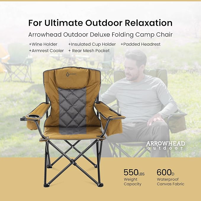 ARROWHEAD OUTDOOR 2-Pack Portable Folding Camping Quad Chair w/ 6-Can Cooler, Cup & Wine Glass Holders, Heavy-Duty Carrying Bag, Padded Armrests, Headrest & Seat, Supports up to 550lbs