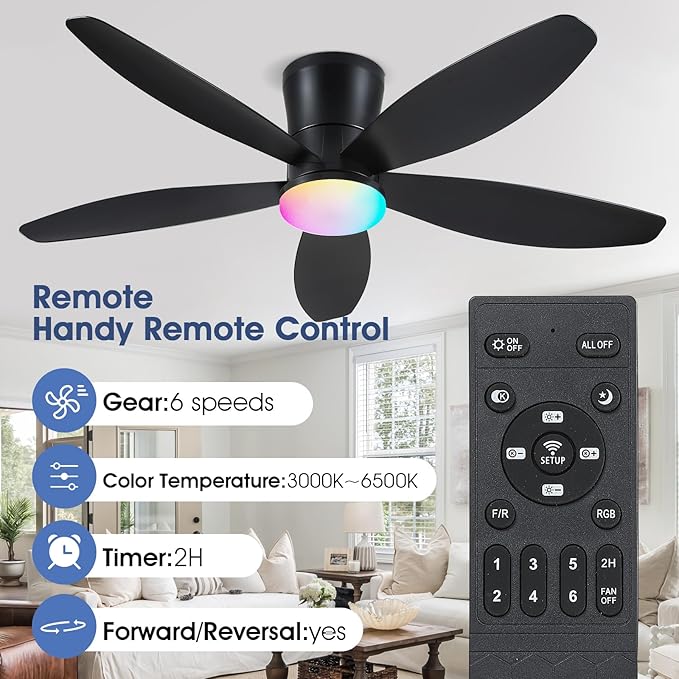 Flush Mount RGB Ceiling Fans with Lights-48 Low Profile Ceiling Fan with Light and Remote/APP Control,DC Reversible,LED Dimmable Blakc Ceiling Fans for Bedroom,Indoor/Outdoor Patio Use