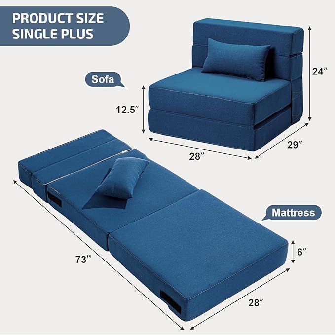 Folding Sofa Bed with Pillow- Convertible Chair Floor Couch & Sleeping Mattress, Foldable Memory Foam Sleeper for Living Room/Dorm/Guest Room/Home Office/Apartment/Loft, Single28, Navy Blue