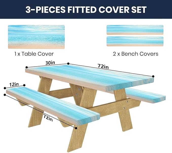 CAPSCEOLL Fitted Picnic Table Cover with Bench Covers with Elastic 6Ft Waterproof Camping Picnic Table Cover Cloths for Outdoors Camping Tablecloth with Drawstring Bag, 72X30in, Summer Beach