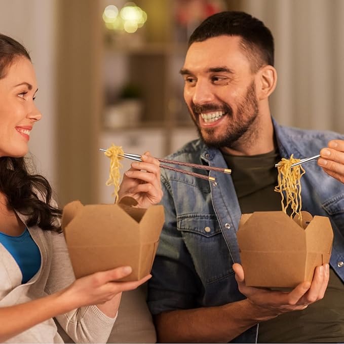 5 Pairs Reusable Chopsticks Wooden Splicing Stainless Steel Chop Sticks, Metal Chopsticks Lengthen Japanese Korean Chopstick 9.8 Inch/25cm Gift Set