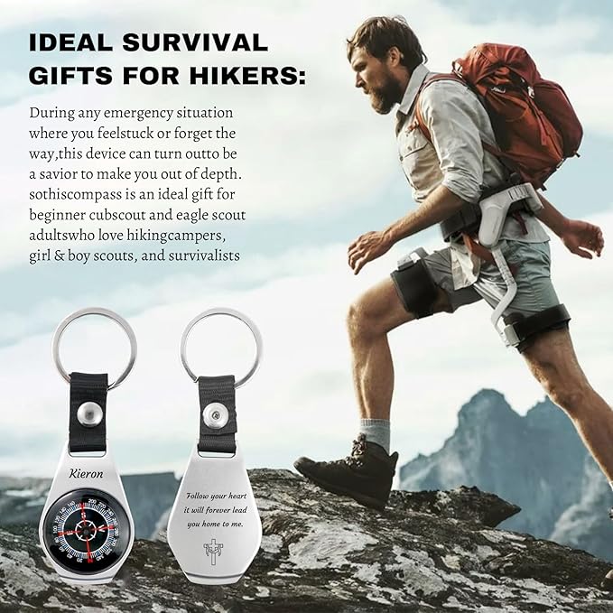 Custom Portable Compasses Keychain with Text Mini Compass with Waterproof Luminous Function Survival Gifts for Men Hiking Camping Hunting Map Navigation Tool
