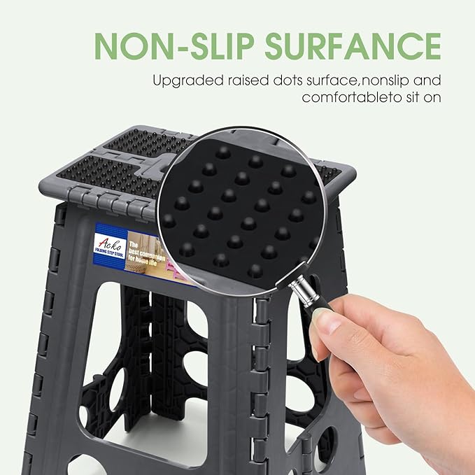 ACKO Folding Step Stool Foldable 17.5 Inch Stools for Adults and Kids,Plastic Stools Tall 400 lbs Capacity, Collapsible Stool for Kitchen, Stepping Foot Stool with Handle, Dot Grey,1 PC