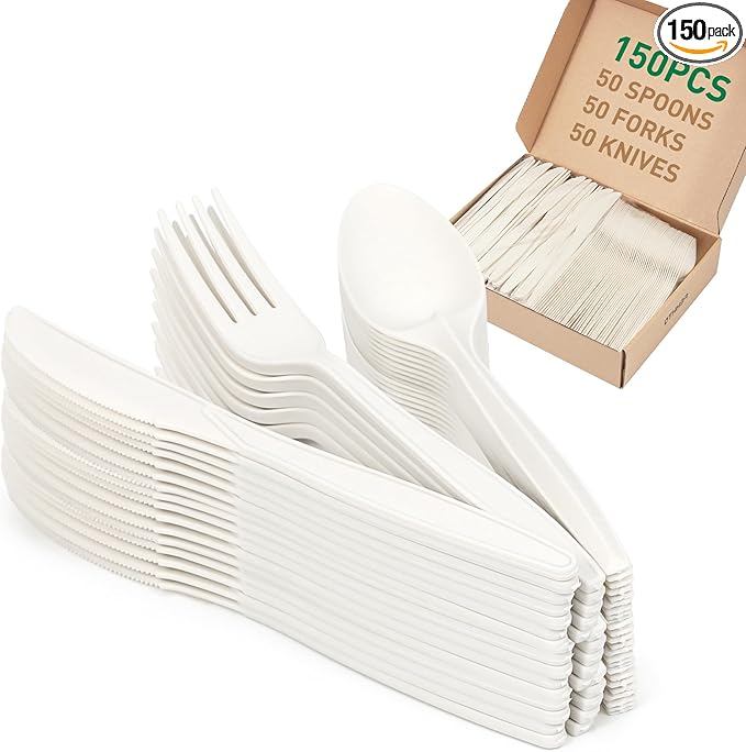 100% Compostable Cutlery Set,150pcs (50 Forks,50 Spoons,50 Knives) Disposable Cornstarch Utensils Heavy Duty BPI Certified Eco-Friendly Party Supplies No Plastic, Ivory White