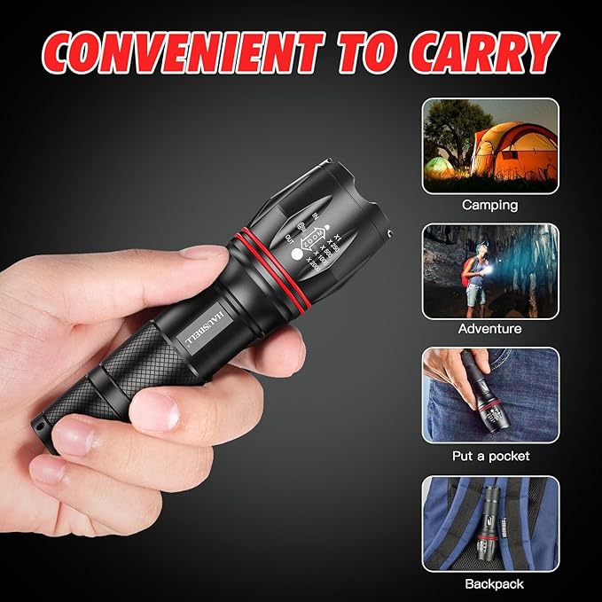 HAUSBELL LED A100 Flashlight Bright, Zoomable Tactical Flashlights Flash Light with High Lumens and Five Modes for Emergency and Outdoor Use Camping Accessories, 4 Pack